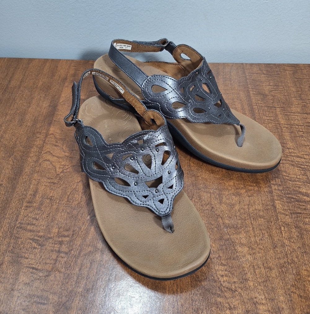 Rockport Studded Slingback Sandals Wms 8.5M Pewter Metallic Gray Leather Boho